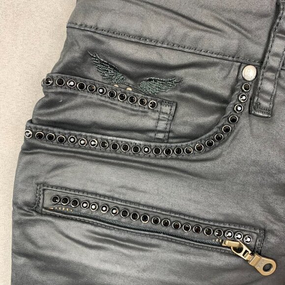 Robins Jean Men Pants 32x30 Black Studded Jeans Slim Fake Leather Motard Biker - Picture 4 of 16